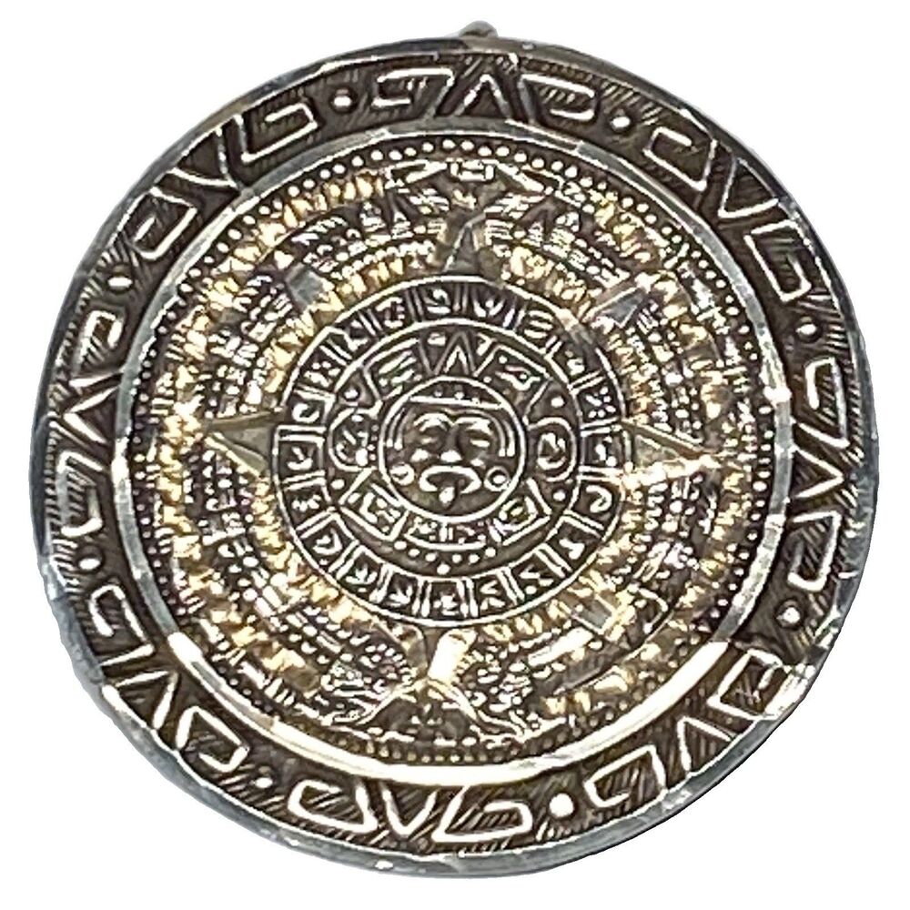 Vintage Mexico 925 Sterling Silver Aztec Calendar Pin Pendant Eagle 28 1.25”